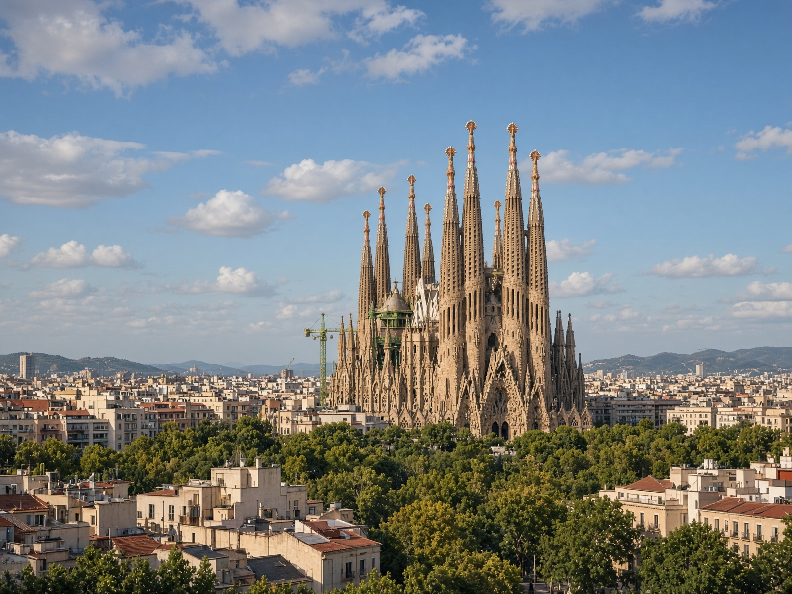 Ornate basilica spires above trees and rooftops