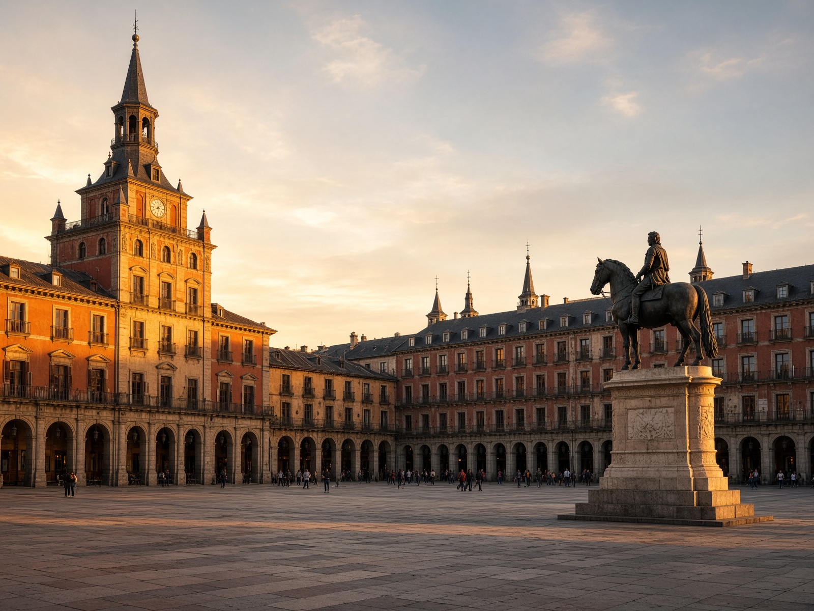 A clock tower and equestrian statue in a European plaza