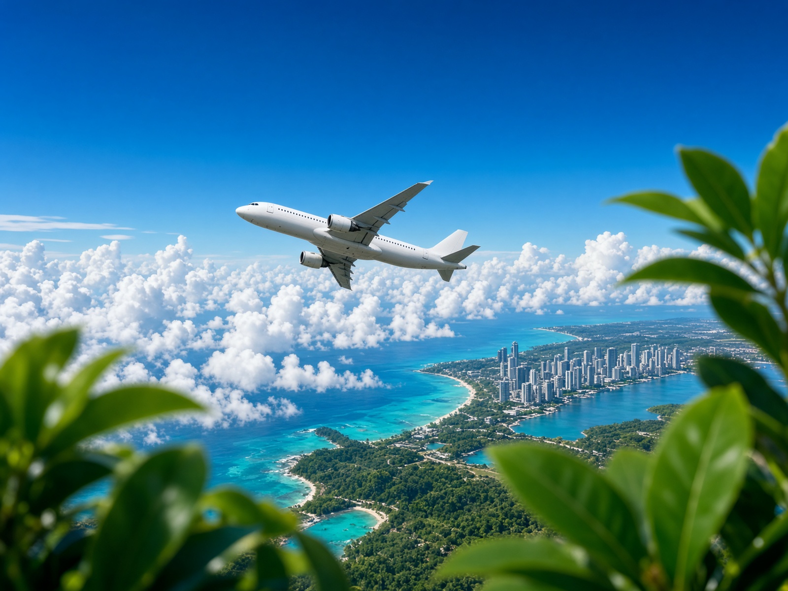 A jet above clouds, heading toward a coastal city